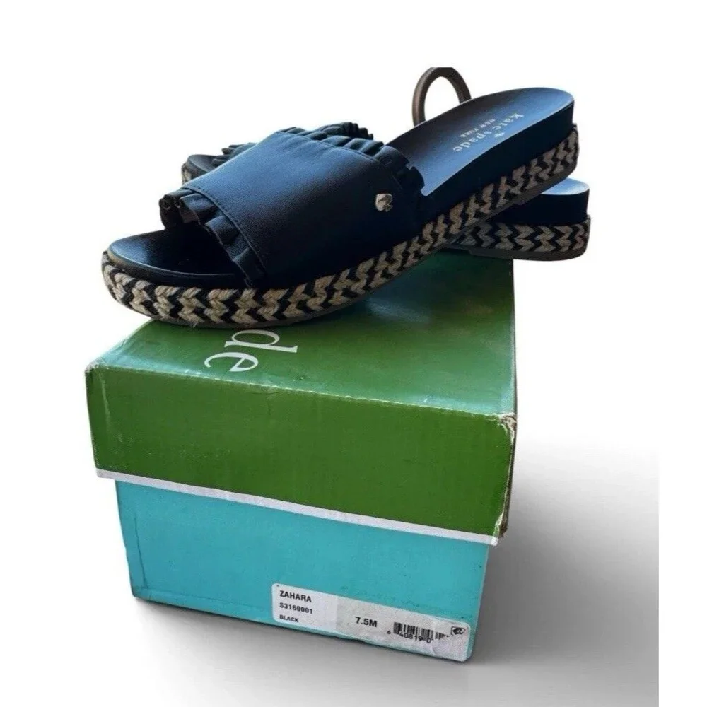 Kate Spade Zahara Sandals Black Leather Slip-On Slide Espadrille Sz 7 1/2 w/Box